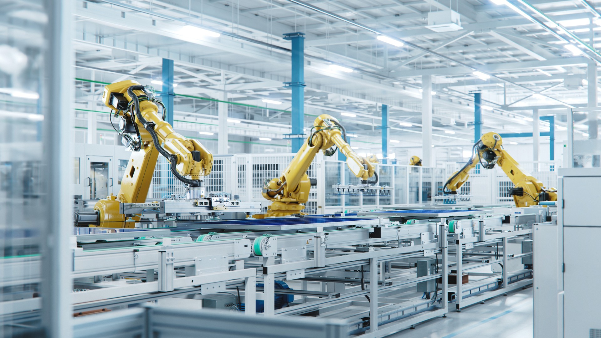 Large Production Line with Industrial Robot Arms at Modern Bright Factory. Solar Panels are being Assembled on Conveyor. Automated Manufacturing Facility